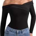 PINKMSTYLE Sexy Mesh Off The Shoulder Bodysuits For Women Double Lined Long Sleeve Bodysuit Going Out Tops (Black, L)