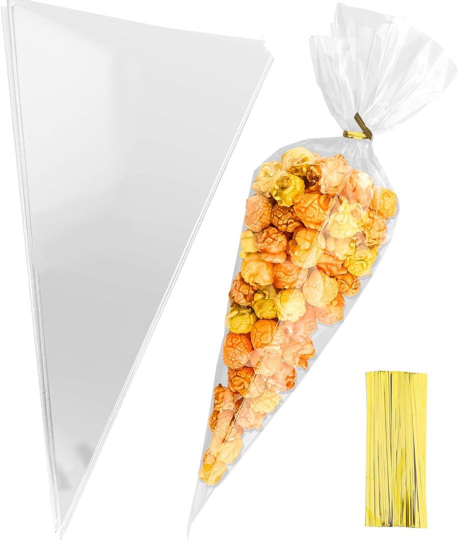 7x15 Inches Cone Shaped Treat Bags, 100 Pcs Clear Cellophane Treat Bags Plastic Cone Triangle Carrot Shaped with Ties for Graduation Candy Popcorn Bag Cookies Snack Party Favor Gift Pouches Decorations