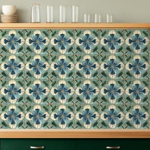 Faccito 24 Pcs Flower Tile Stickers 4x4 Inch Watercolor Retro Rustic Blue Turquoise Floral Peel and Stick Removable Adhesive PVC Tile Stickers Farmhouse Wall Decal for Kitchen Bathroom Backsplash