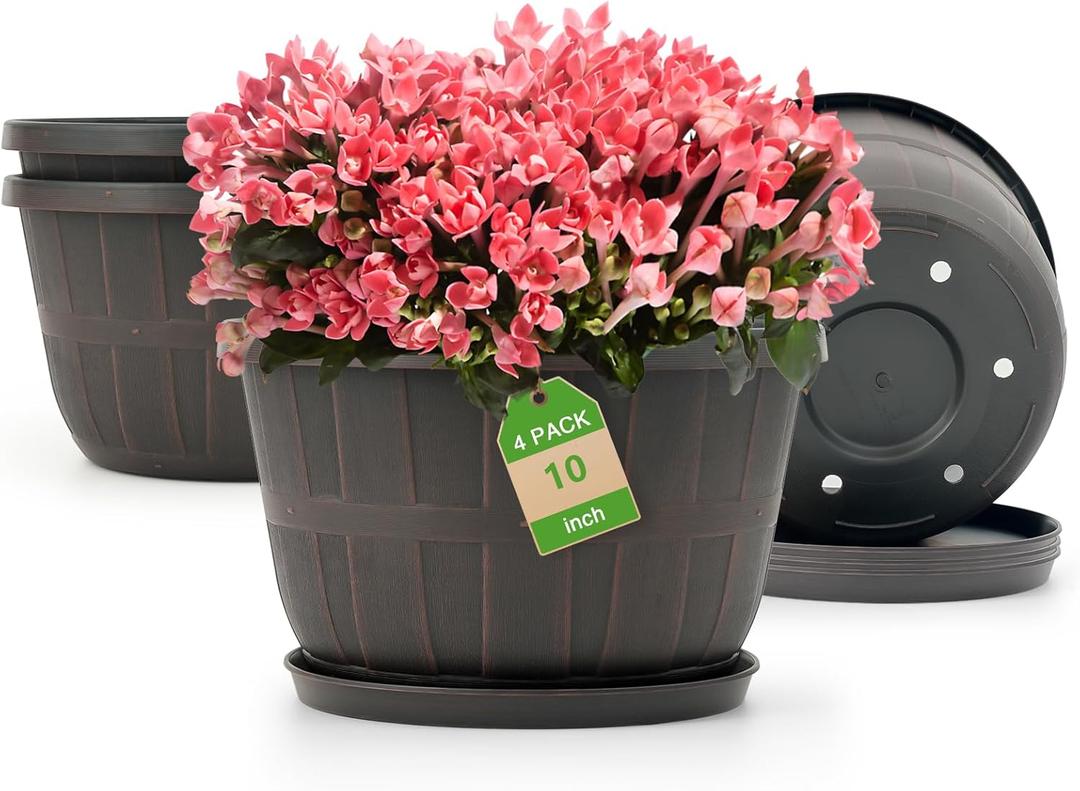Quarut 10 inch Plastic Flower Pots for Indoor Plants4 Pack Large Outdoor Planter Pot with Drainage Holes & SaucersImitation Wine Barrel Designfor Indoor Outdoor Garden PlantsBrown