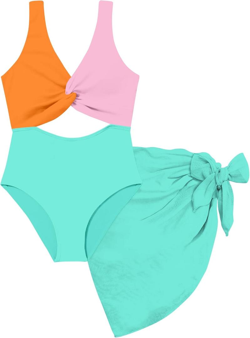 Funnycokid Girls One Piece Swimsuit Color Block Teen Bathing Suit with Pad Cover Up Skirt(7-16Y)