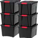 IRIS USA 40 Qt Stackable Plastic Storage Bins with Lids, 6 Pack - BPA-Free, Made in USA - Garage Organizing Solution, Latches, Durable Nestable Containers, Secure Pull Handle - Black