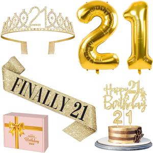 21st Birthday Decorations for Her Gold with 21st Birthday Sash and Tiara, Cake Topper and candles, Number Balloons, 21 Year Old Gifts for Her
