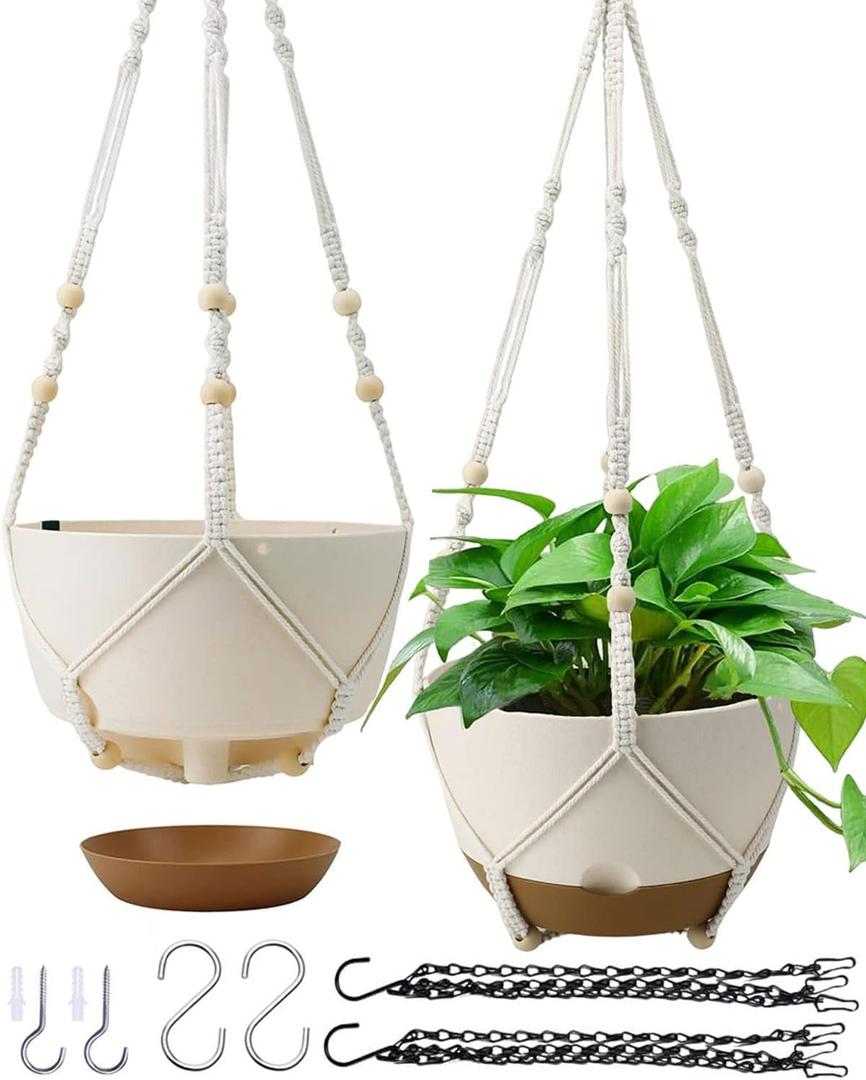 Hanging Planters for Indoor Plants, 2 Pack 10 Inch Self Watering Pots with Macrame Plant Hanger, Hanging Baskets Holder for Outdoor Garden Home Ceiling Window Decor (White)