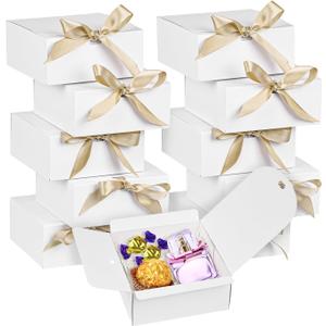 Xylitic 10 Pcs White Gift Boxes with Lids, 4.5x4.5x2 Present Box, Square Boxes with Ribbon, Paper Gift Boxes for Presents, Wedding, Birthday, Party, Baby Shower, Chocolate, Candy, Snacks
