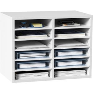 VEVOR Literature Organizers, 12 Compartments Office Mailbox with Adjustable Shelves, Wood Literature Sorter 20.4x12x16.1 inches for Office, Home, Classroom, Mailrooms Organization, EPA Certified White