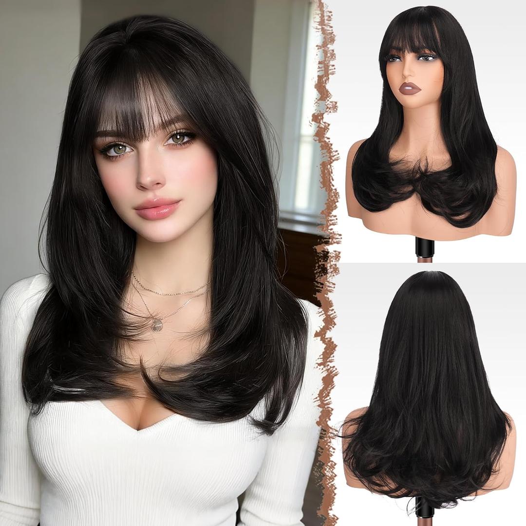 FESHFEN Long Wigs with Bangs, Synthetic Natural Looking Layered Straight Hair Wig for Women Daily Party Use 18 inch, Natural Black