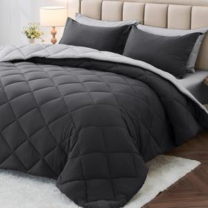 MUXHOMO 7 Pieces Oversized King Comforter Set, Reversible Bed in a Bag Oversized King Size, All Season Bedding Set with Comforter, Flat Sheet, Fitted Sheet, Pillowcases & Shams, Dark Grey & Light Grey