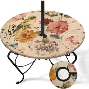 Flowers Birds Round Outdoor Tablecloth With Umbrella Hole, Plaid Fitted Table Cover With Zipper, Outdoor Camping Essentials, Waterproof Umbrella Table Cloth with elastic (36''-44'')