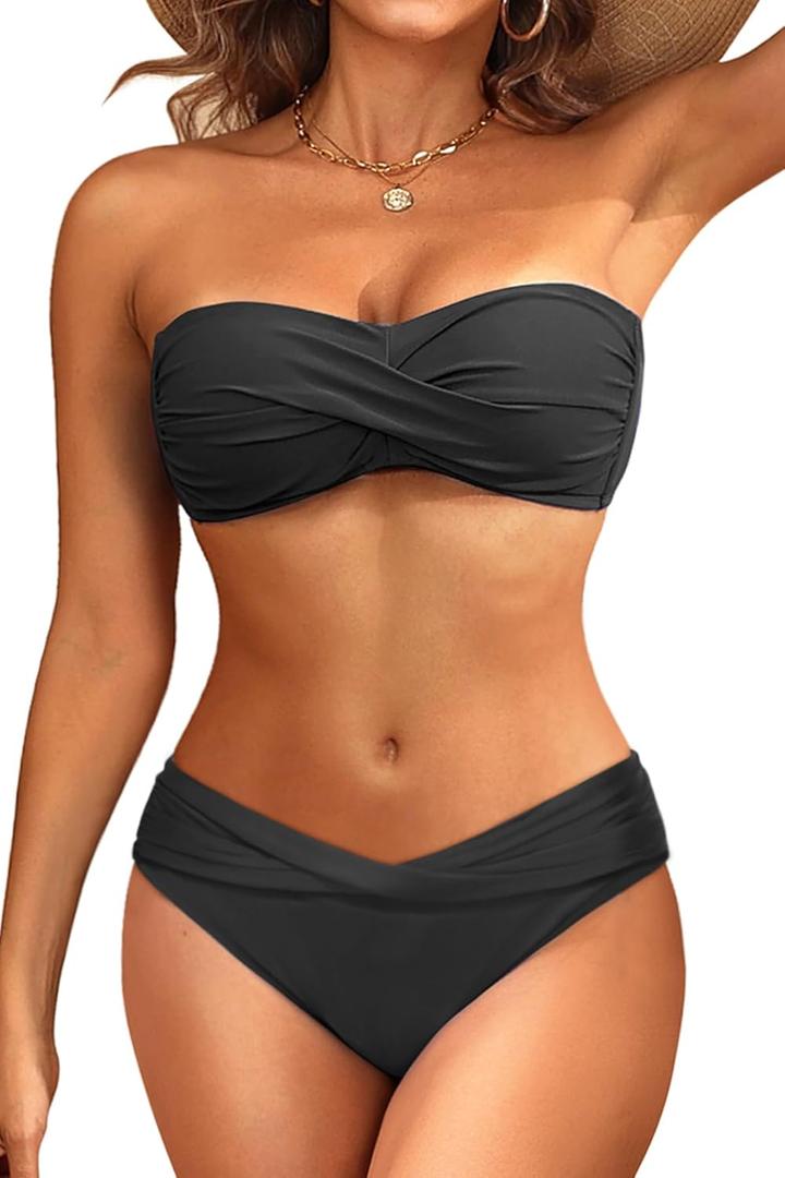 Women's Strapless Bandeau Bikini Set - Twist Front Two Piece Swimsuit with Side Tie Bathing Suit Bottom (Medium, Black)