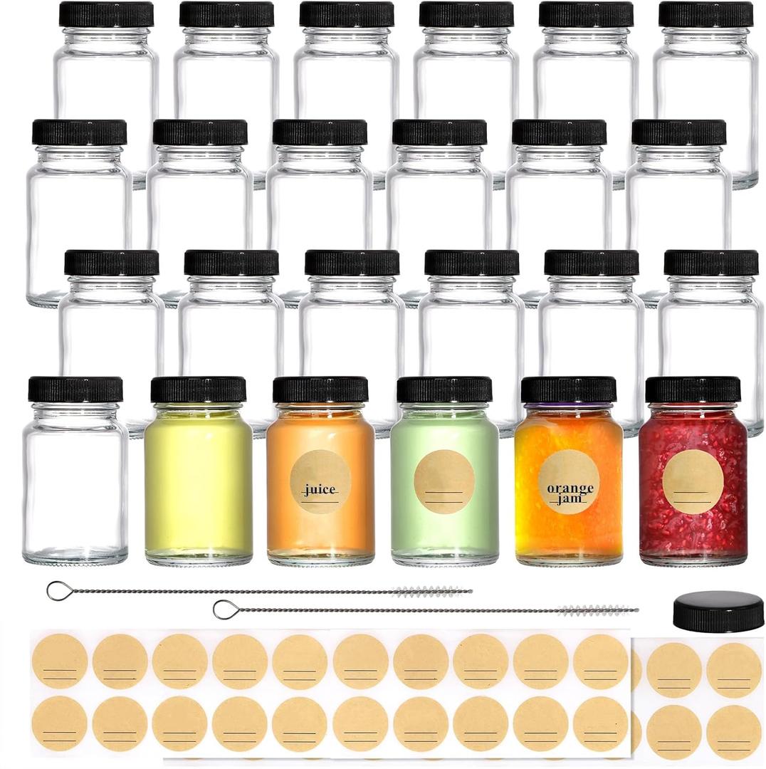 Tebery 24 Pack 2oz Glass Shot Jars Mini Juice Bottles with Black Lids, Small Clear Jar for Ginger, Wellness Shot, Juice, Sample, Whiskey, Oils, with Waterproof Stickers and Brush