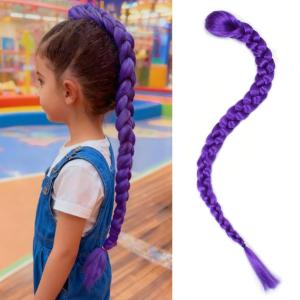 26 inch Long Purple Braid Ponytail Pre Stretched Purple Hair Extensions for Braids Easy Clip in Ponytail for Cosplay Halloween Costume