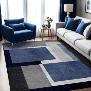 Washable Low-Profile Geometric Area Rug, 0.2 inch Thin Abstract Rug Design for Living Room & Bedroom Decor, 5x7 ft Blue Grey Modern Non-Slip Floor Rug, Blue, 5'x7'