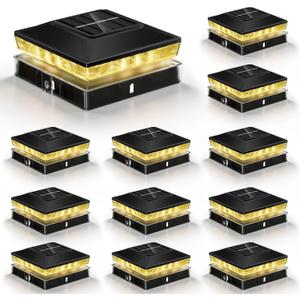 Solar Post Cap Lights 12 Pack, IP65 Waterproof Outdoor Fence Post Solar Lights for 3.5x3.5 & 4x4 Wood/Vinyl Posts, 10-12 Hours Upgraded Warm/Cool White Glow for Garden/Patio/Porch - Black