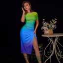 GOKATOSAU Women's Sexy Bodycon Short Sleeve Slit Ruched Summer Club Party Midi Dress Gradient Yellow (XL)