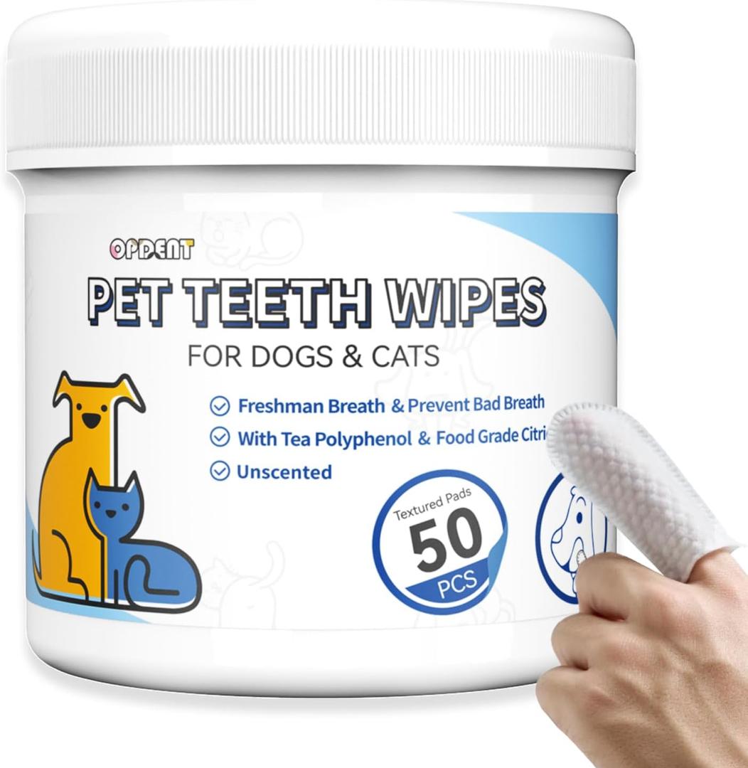No-Rinse Dog Teeth Cleaning Wipes - Cat & Dog Fresh Breath Pet Dental Finger Wipes, Dog Toothbrush Dental Wipes to Easy Remove Plaque & Tartar, Gently Cleans Discharge (50 Count, Unscented)