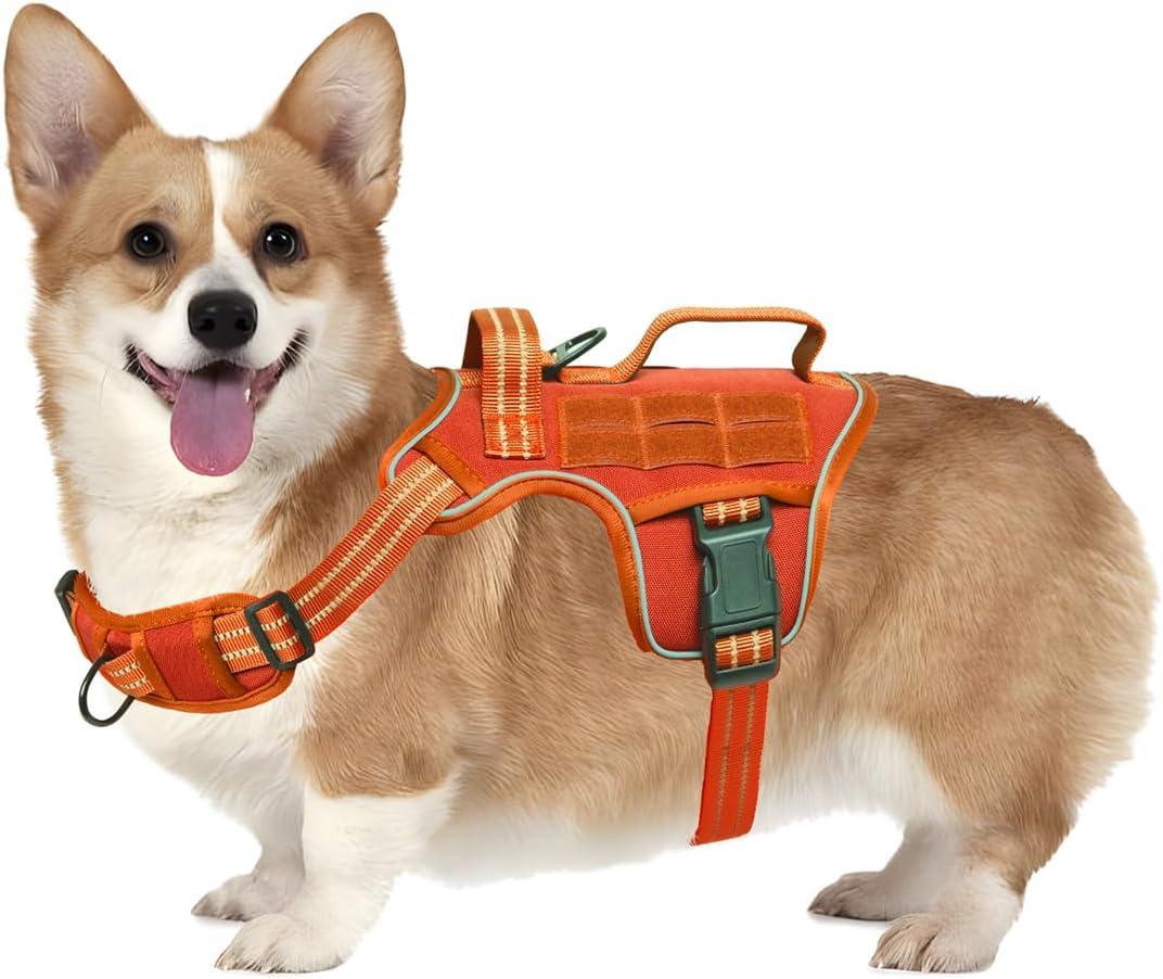 Small Dog Harness, Heavy Duty Tactical No Pull Dog Harness, No Choke, Easy On and Off Pet Vest with Molle System, Adjustable Reflective Dog Vest with Breathable Padded for Walking Hiking Training (S(Neck:16-22",Chest:20-28"),18-35 lbs, Orange)