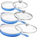Bruntmor Pre-Seasoned Cast Iron Frying Pan Set - 8, 10, 12 Inch Blue Enamel Nonstick Skillets with Tempered Glass Lid - Oven Safe Egg and Grill Pan Set for Cooking, Searing, and Frying