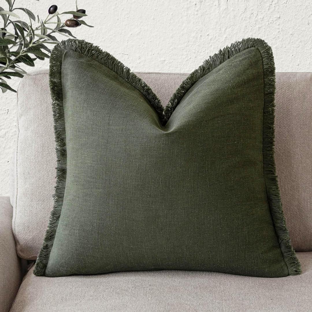 Foindtower Decorative Linen Fringe Throw Pillow Covers Cozy Boho Farmhouse Cushion Cover with Tassels Soft Accent Pillowcase for Chair Sofa Bed Living Room Home Decor, 2424 Inch, 1PC,Dark Olive Green