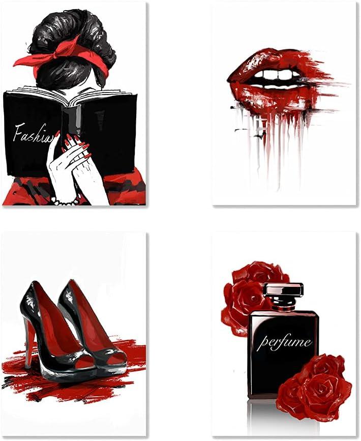 Facioro Fashion Woman Canvas Wall Art, Red Wall Decor for Bedroom Decor, Red and Black Art Posters, Girls Room Decor, Black and Red Fashion Poster (03)