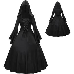 Vintage Gothic Medieval Black Hooded Dress Halloween Front Lace Up Flare Sleeve Costume Dress, XL