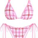 ZAFUL Bikini Sets for Women Halter Bow Decor Tiny Floral Gingham Print Swimsuit Tie Side 2 Pieces Bathing Suit (M)