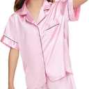 Kids Girl Pajama Set with Headband Blindfold Hair Tie Toddler Boy Girl Satin Silky Button-up Pajama Sleepwear (9-10 Years, Pink-short)