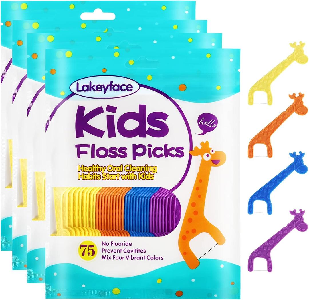 Lakeyface 300 Count Kids Flossers, Cute Giraffe Kids Floss Picks, No Fluoride BPA Free Dental Floss Picks, Unflavored Flossers for Kid, 4 Colors, 75 Count (Pack of 4)