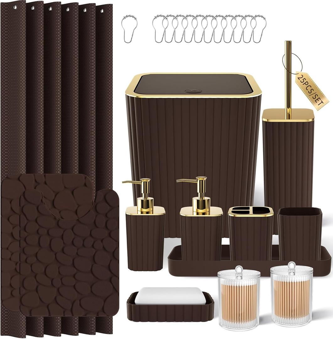 XLHOMO Bathroom Accessories Set - 25PC Brown Bathroom Sets with Shower Curtain and Rugs, Bathroom Accessory Set, Brown Shower Curtain Set, Trash Can, Qtip Holder Dispenser & Soap Dispenser