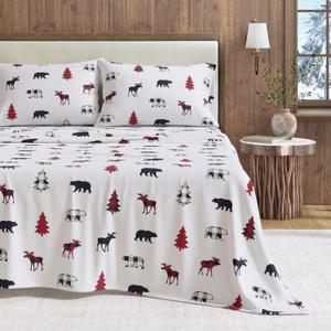 Great Bay Home Flannel Sheet Set Queen Size - 100% Turkish Cotton, Double-Brushed, Lodge-Printed Bed Sheets - Ultra-Soft, Cozy, 4-Piece Rustic Bedding Set (Checkered Moose)