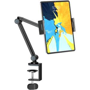 Tablet Stand Holder for Desk, Portable Phone Tablet Holder for ipad with 360 Rotation,Adjustable Arm Clamp Mount Compatible with 4.7"-12.9" iPad, iPhone, Kindle, Black