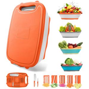 Gintan Camping Cutting Board, 9-in-1 Collapsible Chopping Board with Colander, Kitchen Vegetable Washing Basket for Camping, Camping Gifts Camping Accessories for RV Campers (orange)