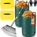 Adjustable Garden Leaf Rake Set, 18" Wide, 25 Tines, 37-79" Handle Metal Leaf Rake with 2 Pack 32 Gallons Leaf Bags and Scoops. Heavy Duty Graden Rakes Set for Lawn, Grass, Shrubs, Flower Beds