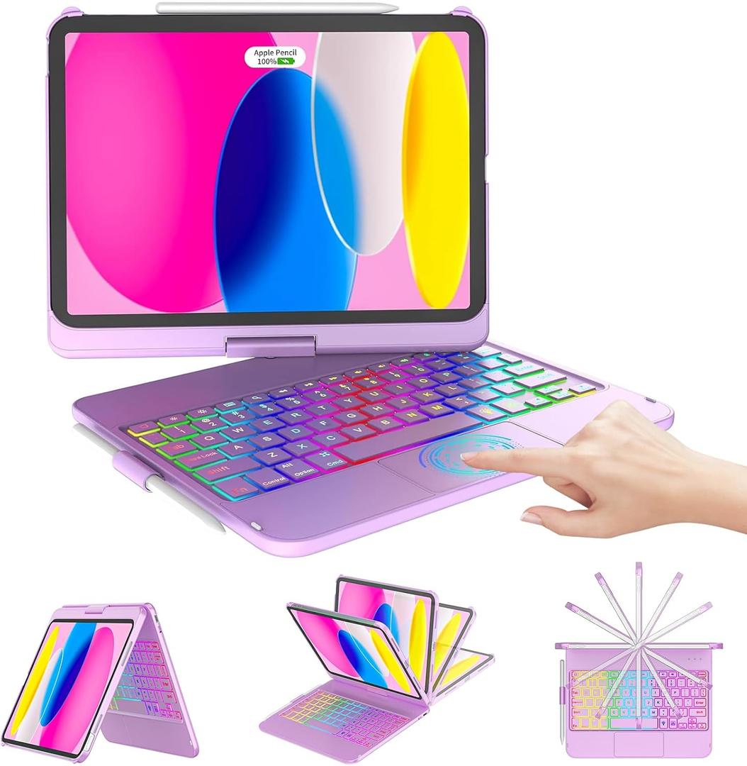 CC Store for iPad (A16) 11th 10th Generation Case with Keyboard - 7 Color Backlit 360 Swivel Multi-Touch Track Pencil Holde for iPad 11-inch A16 2025 10th Gen 10.9 Inch 2022 (Light Purple)