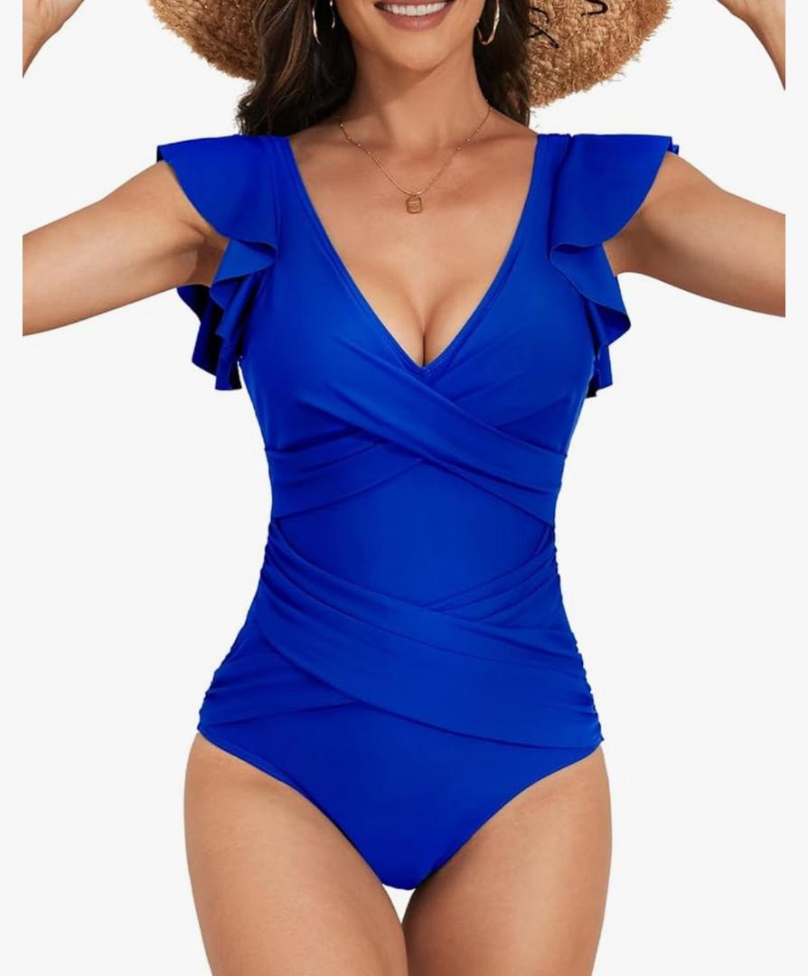 B2prity Women's One Piece Swimsuit Ruffle Slimming Tummy Control Bathing Suit Criss Cross High Waist 1 Piece Swimwear XL, Royal Blue