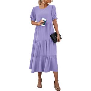 PRETTYGARDEN Women's Summer Casual Boho Dress Floral Print Ruffle Puff Short Sleeve Flowy Midi Beach Party Dresses (Solid Purple, Large)