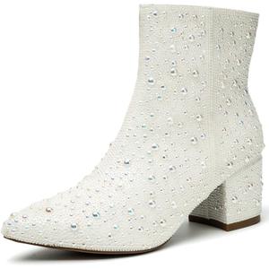 YAYONE Rhinestone Zipper Sparkly Ankle Boots - Glitter Pointed Toe Fashion Comfortable Shoes, Pull on Chunky Heel Western Boots (9, White)