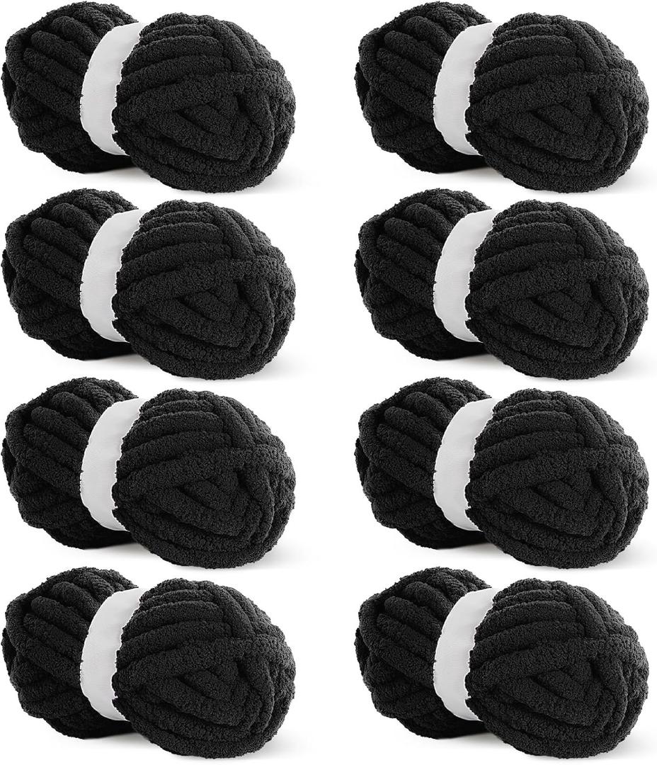 HOMBYS Black Chunky Chenille Yarn for Crocheting, Bulky Thick Fluffy Yarn for Knitting,Super Bulky Chunky Yarn for Hand Knitting Blanket, Soft Plush Yarn, 3 Jumbo Pack