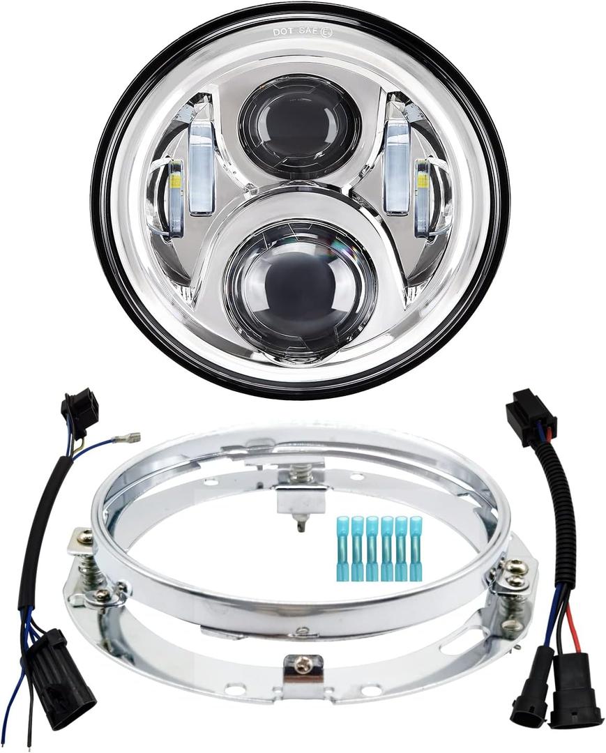 AlyoNed 7 inch Motorcycle LED Headlight DOT Lamp Kit with Mounting Bracket Compatible with Harley Davidson Fatboy Street Glide Heritage Softail Road King Switchback Electra Glide Ultra Classic Chrome
