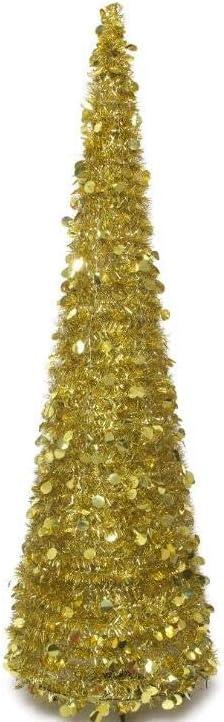 CCINEE 5FT Pop up Pencil Christmas Tinsel Tree, Collapsible Stand Easy-Assembly Gold Tinsel Xmas Tree for Holiday Party Home Office Store Classroon Decoration