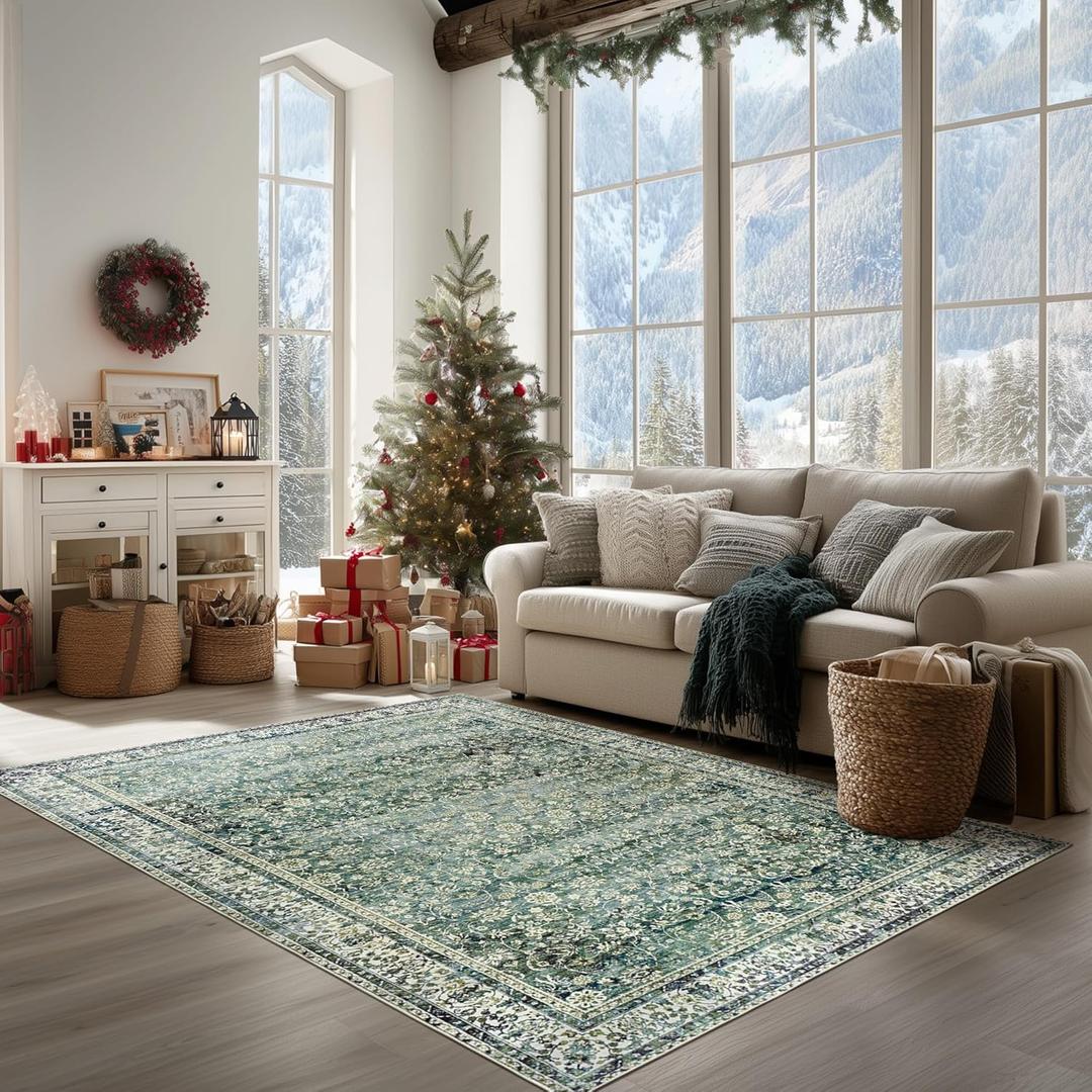 6x9 Area Rugs Washable Rugs for Bedroom,Faux Wool Moody Floral Boho Vintage Oriental Indoor Carpet for Living Room,Hunter Forest Green