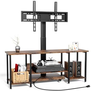 JUSTOGO TV Stand with Mount and Power Outlet, Floor Stand with Wheels for 32/45/55/60/65 inch TVs, Rolling Entertainment Center, Swivel Height Adjustable Media Console for Living Room Bedroom