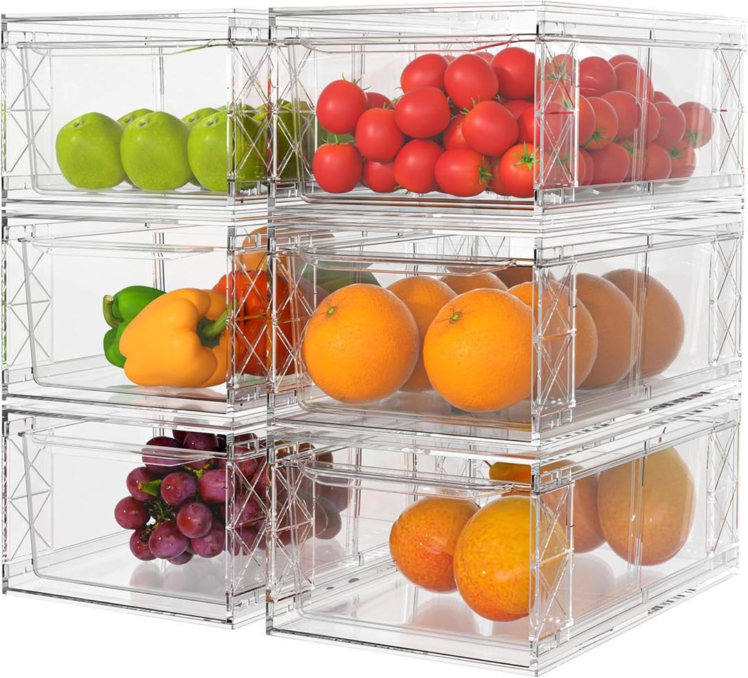 6 Pack Stackable Storage Drawers,Clear Fridge Organizer with Handles and Movable Dividers,Pull-Out Acrylic Drawer Organizer for Pantry, Bathroom,Kitchen Undersink,Cabinet