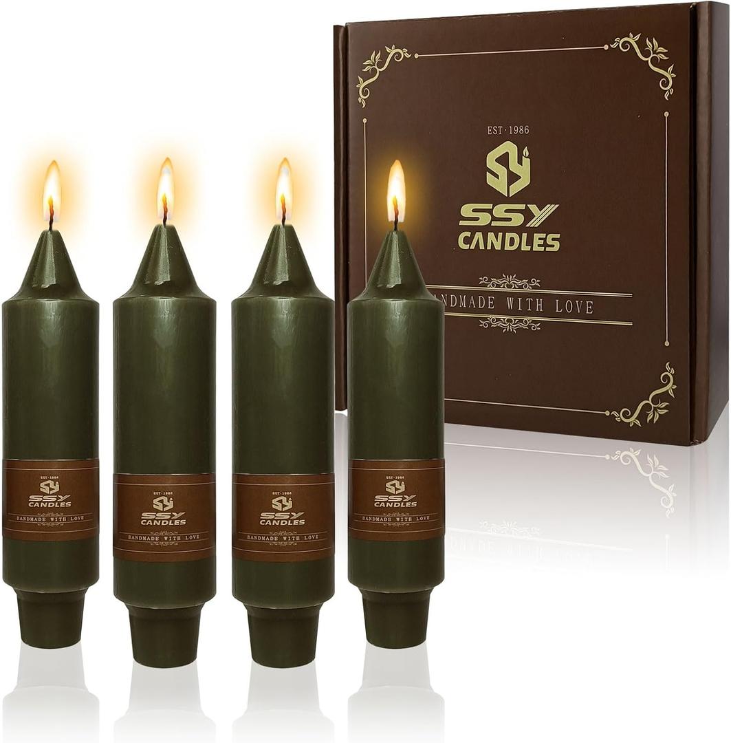 NJAO HOO Olive Green Short Taper Candle 5 Inch Candlesticks Unscented Dripless Tapered Candle Set for Home Decor Christmas Party Dinner Candles, 4 Pack