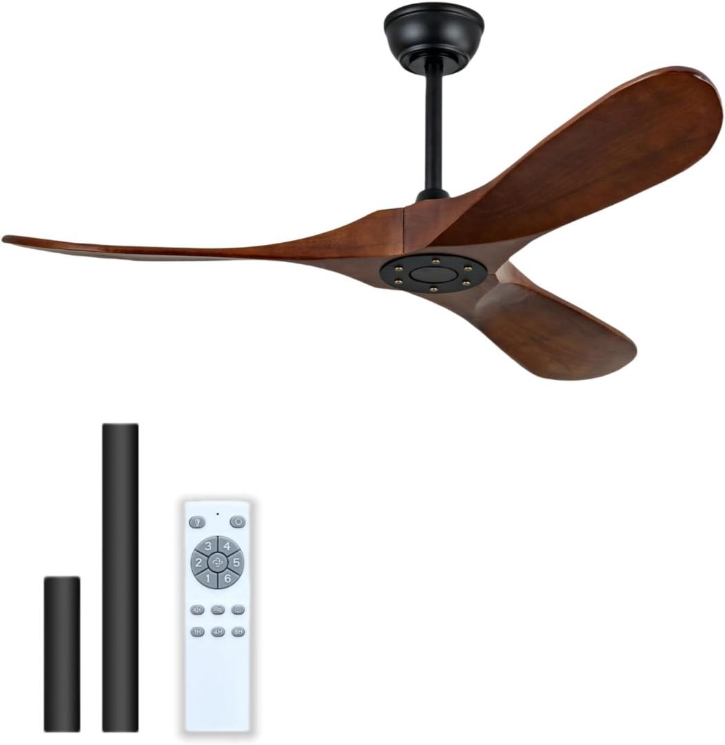 42 Inch Ceiling Fan Unlit, Solid Wood Ceiling Fan Unlit, with Remote Control, Reversible DC Motor, Indoor Bedroom Living Room Office Outdoor Patio Ceiling Fan (Dark Walnut)