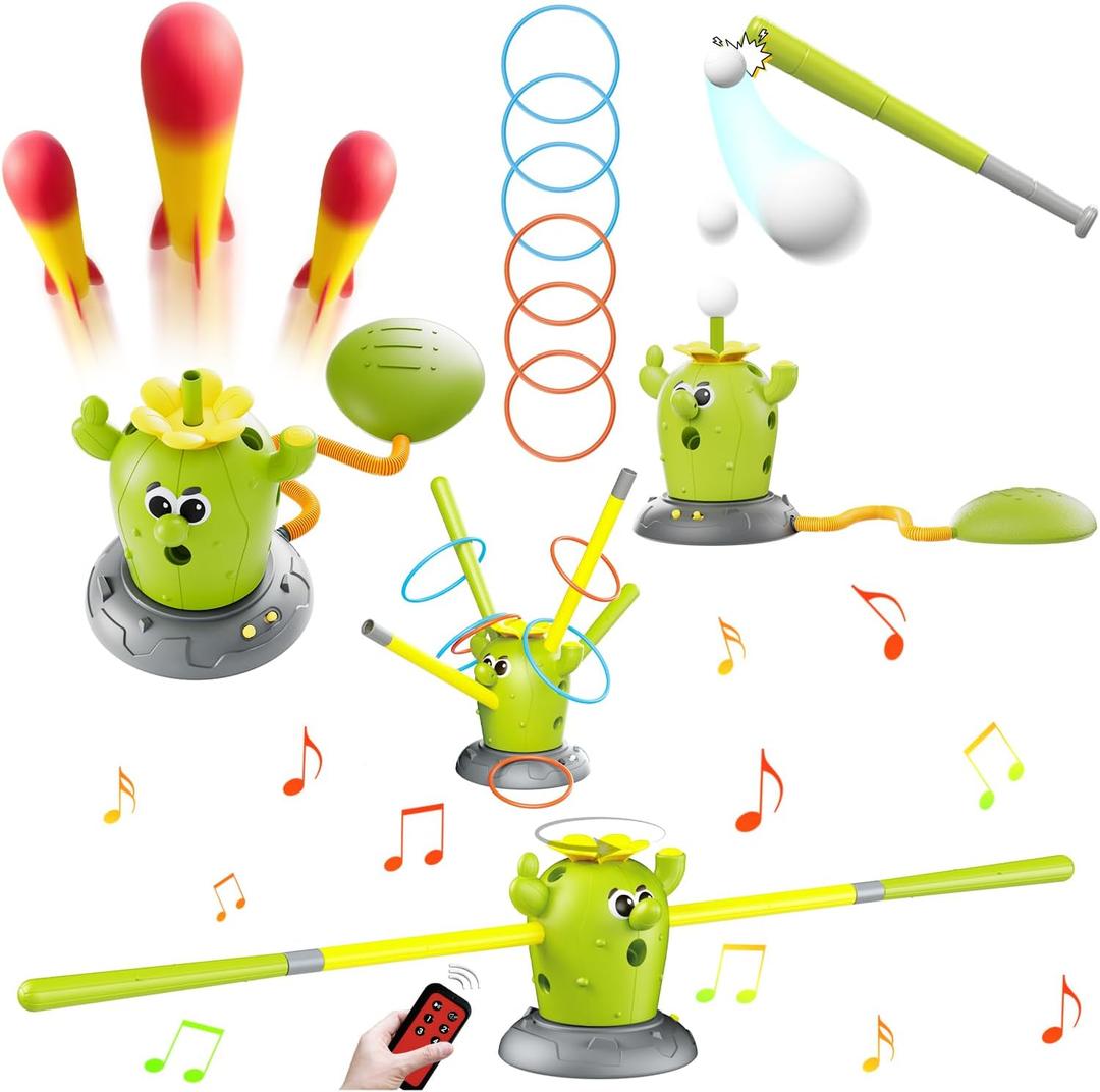 Cactus 4-in-1 Musical Jumping Toys Set with Ring Toss, Stomping Rocket Launcher and Baseball Game, Fun Indoor and Outdoor Toys for Active Play Sports Toy for Kids Ages 3 4 5 6 7 8+ Boys & Girls.