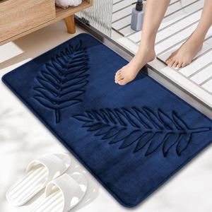 Memory Foam Bath Mat 24" x 16" Flannel Velvet Bathroom Rugs Water Absorbent and Non Slip Bathroom Mat Quick Dry Washable Rugs for Bathroom, Navy Blue