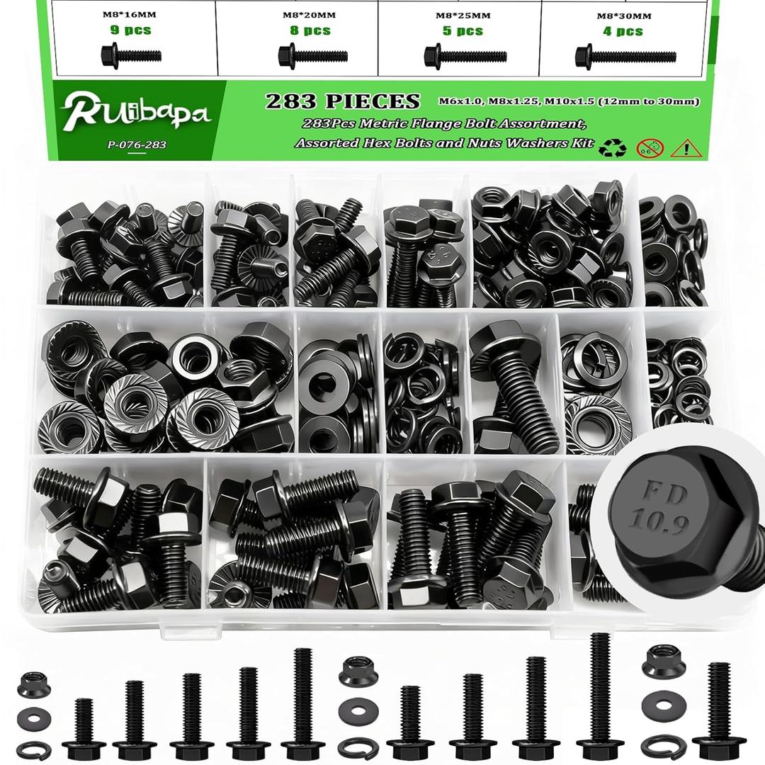 Ruibapa 283Pcs Metric Flange Bolt Assortment,M6x1.0,M8x1.25, M10x1.5 (12mm to 30mm) Bolts and Nuts Assortment,10.9 Black Zinc Galvanized,Bolt Kit