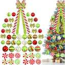 Christmas Tree Decorations Set,Christmas Ball Ornaments Glittering Plastic Hanging Decorations Elf Balls,Large Tree Topper Wreath Bow,Candy Peppermint Wood Ornaments (Red and Lime Green)