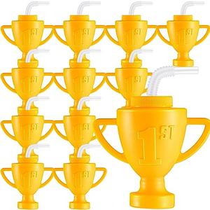 Amyhill 12 Pcs Race Car Trophy Cups With Straws and Lids 12 Oz Plastic Race Car Birthday Party Supplies And Favors For Kids Adults Props Rewards Winning Prizes Competitions (Gold)